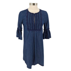 Sophie Max Western Shift Dress Blue Chambray Denim 3/4 Bell Sleeve Keyhole Neck
